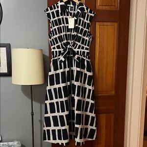 Sleeveless Black and  Beige Grid Tie-Waist Midi Dress